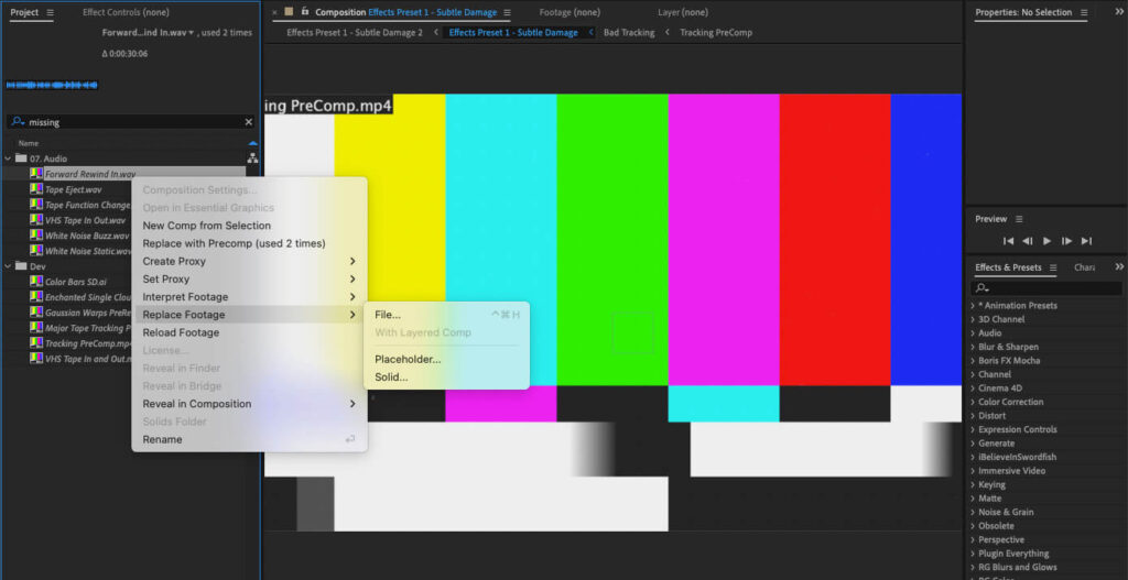 Screen capture of the missing files color bars showing how to re-import the footage from the Project panel.