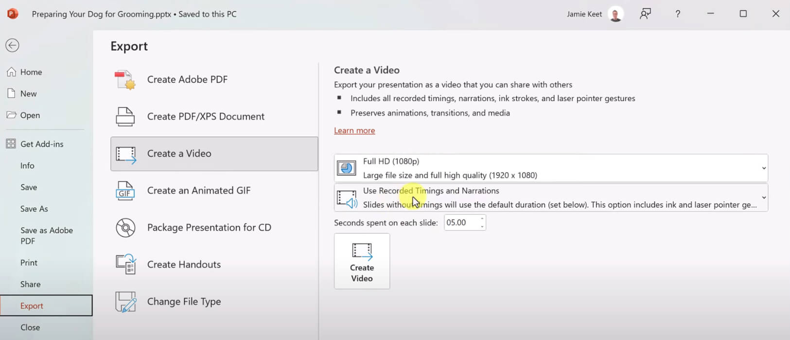Export a PowerPoint presentation video in full HD