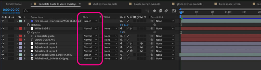 The After Effects timeline with the Blending Mode column highlighted.