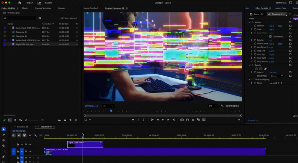 Final glitch overlay effect in Premiere Pro after applying the Screen blend mode