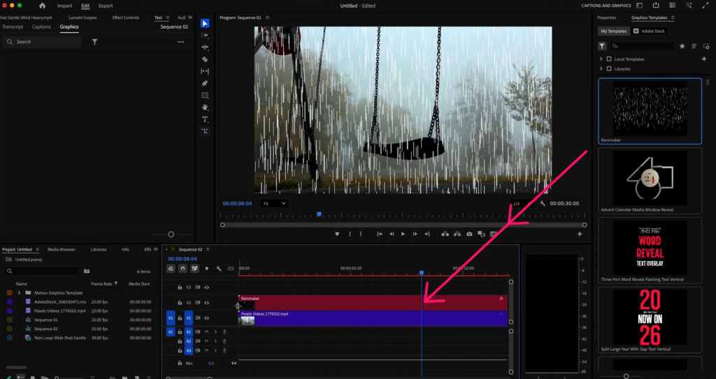 Installing an editable rain MOGRT template in Premiere Pro for advanced rain controls
