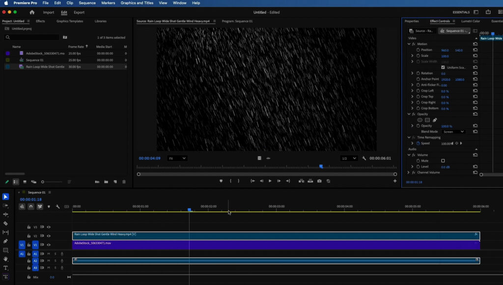 Placing a rain overlay video above footage in the Premiere Pro timeline