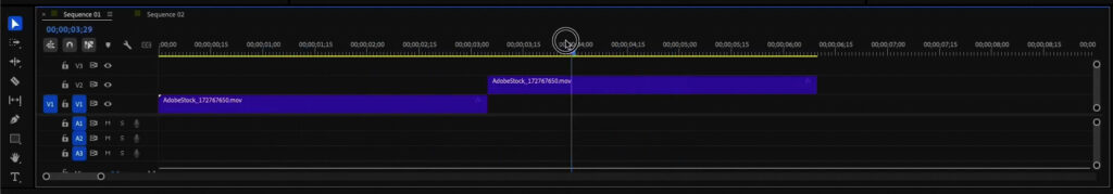 Two clips in the Premiere Pro timeline with a simple straight cut