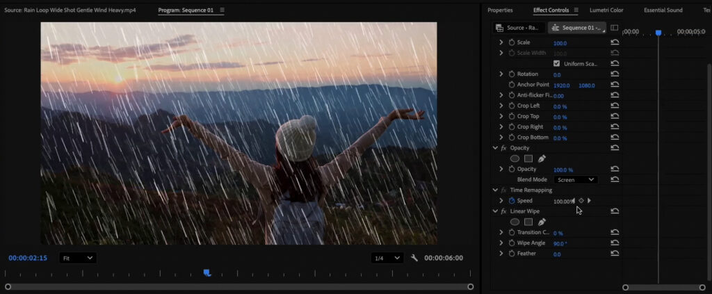 Using Screen blend mode in Premiere Pro to remove the black background from a rain overlay video