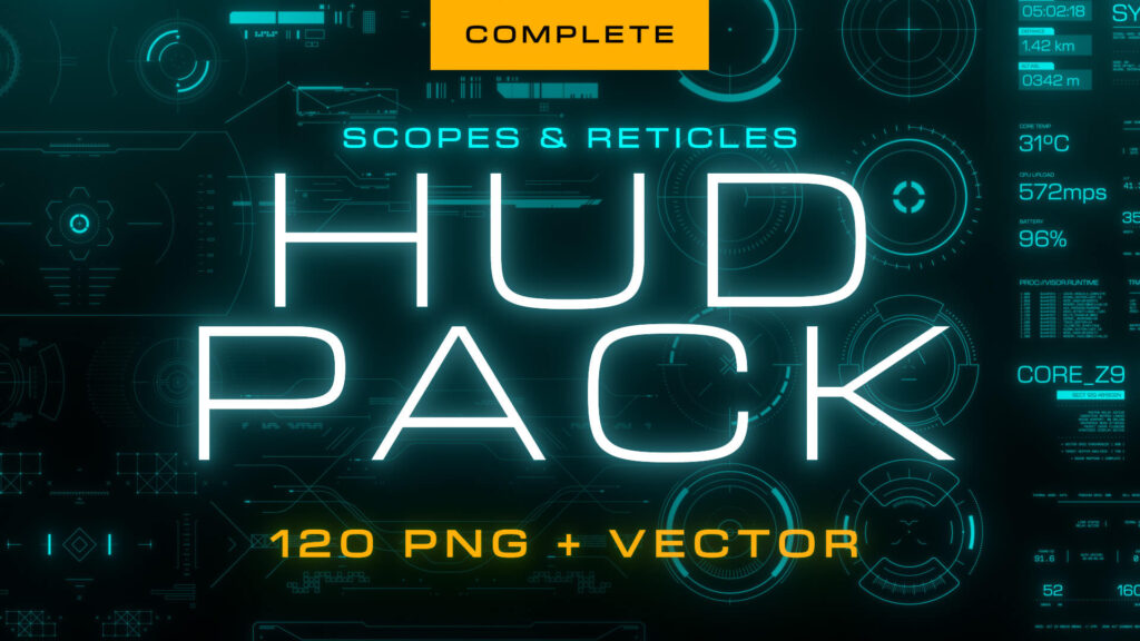 Overview of the Complete HUD Scope and Reticle Overlay Pack showing a selection of cinematic HUD elements including scopes, grids, frames, and targeting interfaces on a dark background.