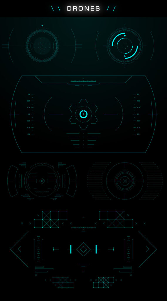 Selection of aerial navigation and drone-style HUD overlays featuring targeting indicators, tracking frames, and instrumentation-style interface graphics.