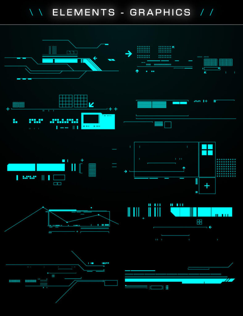 Collection of HUD interface graphics including modular design elements, futuristic UI components, and minimal overlay shapes from the Complete HUD Pack.