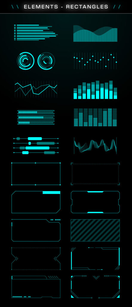 Set of rectangular HUD overlay elements featuring framed interface panels, data blocks, and structured graphic components for cinematic UI designs.