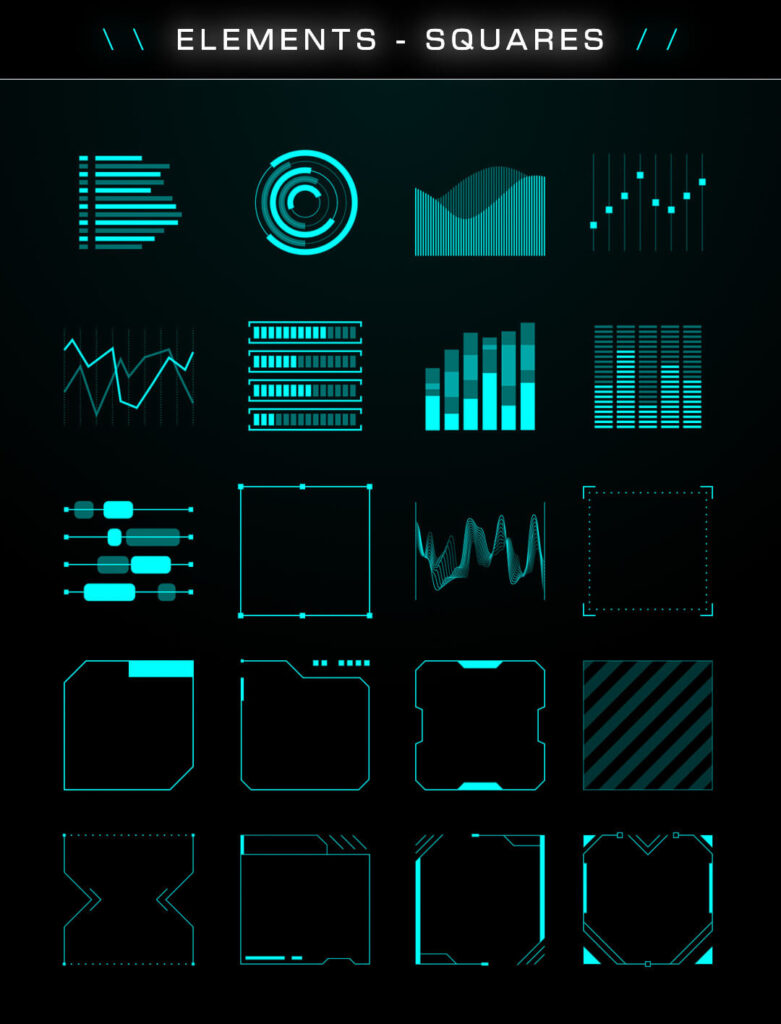 Selection of square HUD interface elements including grid-based panels, modular UI blocks, and structured overlay graphics for design compositions.