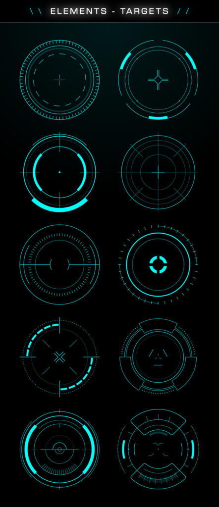 Collection of HUD targeting elements including crosshair frames, lock-on indicators, and precision targeting graphics used for cinematic overlays.