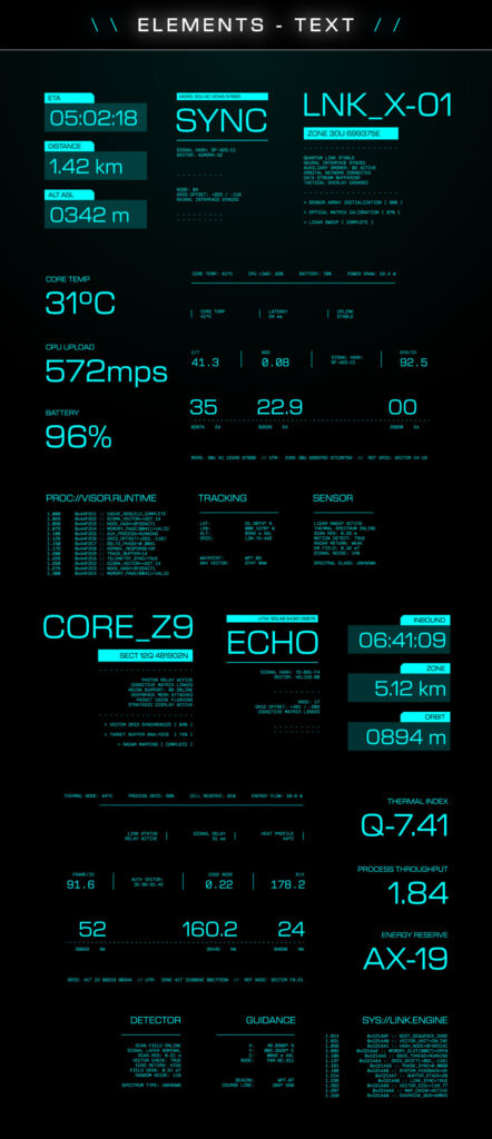 HUD text lockup elements featuring outlined labels, interface typography blocks, and futuristic data-style text frames for cinematic UI designs.