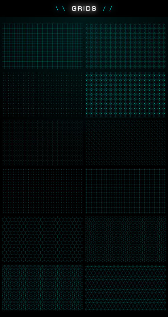 Collection of HUD grid overlay graphics featuring technical alignment grids, scanning patterns, and futuristic interface structure guides.