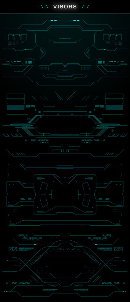 Collection of futuristic visor frame HUD overlays featuring curved interface borders, targeting frames, and cinematic sci-fi UI elements.