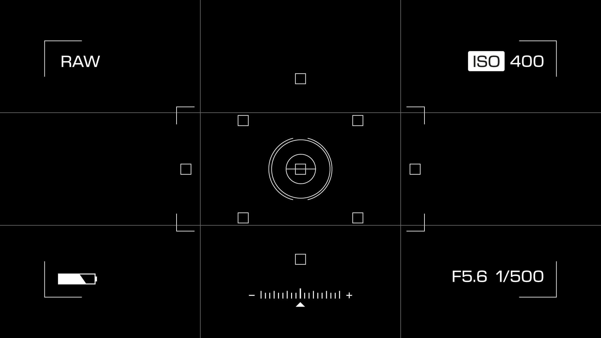 Selection of layered digital camera viewfinder overlays on a black background
