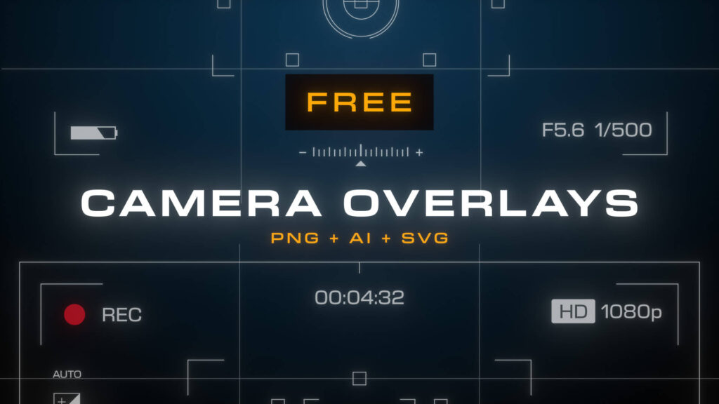 Overview of the Free Camera Viewfinder Overlay Pack showing a selection of viewfinder elements including frames, film speeds and recording icons on a dark background.