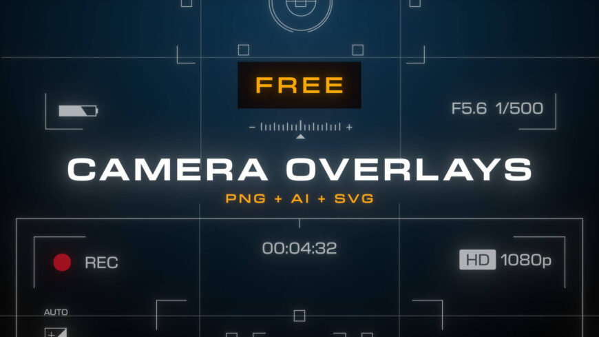 Overview of the Free Camera Viewfinder Overlay Pack showing a selection of viewfinder elements including frames, film speeds and recording icons on a dark background.