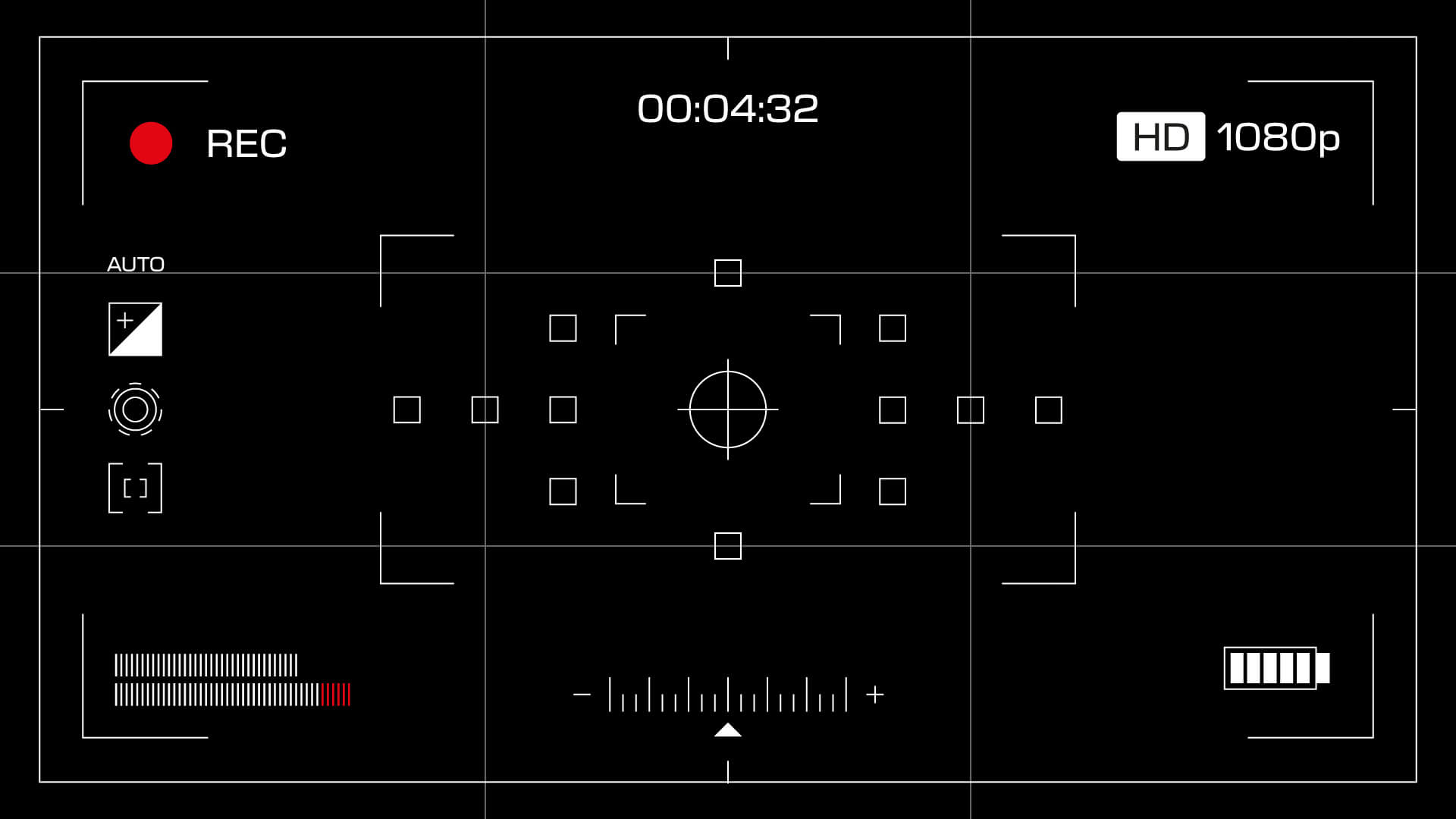 Selection of layered video camcorder viewfinder overlays on a black background