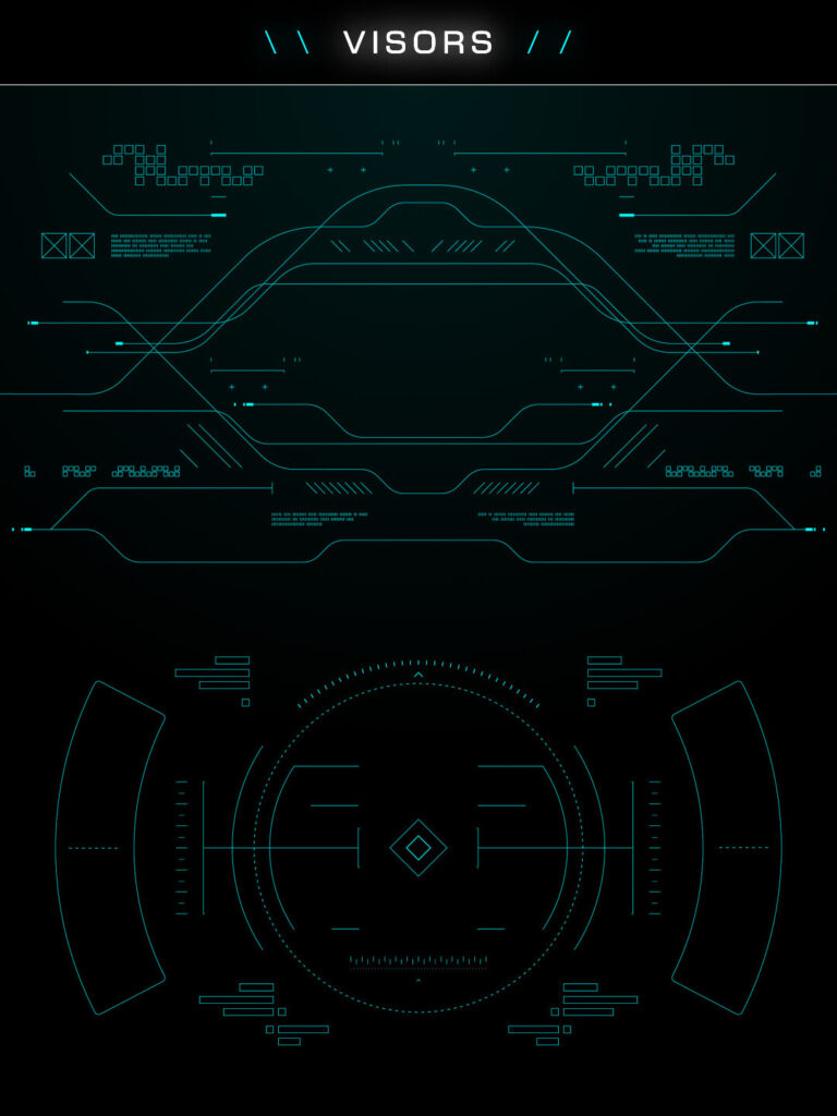 Collection of futuristic visor frame overlays and interface graphics displayed in light blue on a black background