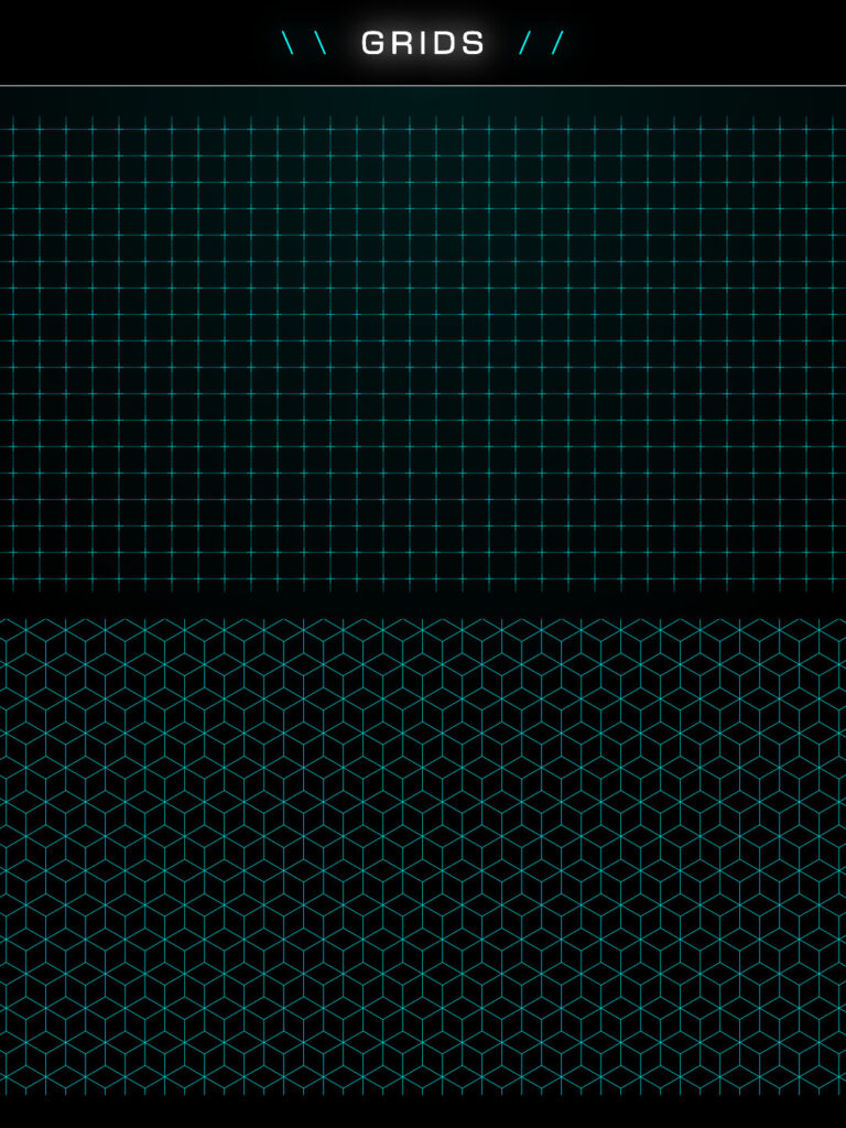 Collection of HUD grid overlay graphics featuring technical and futuristic grid designs from the Free HUD Overlay Pack