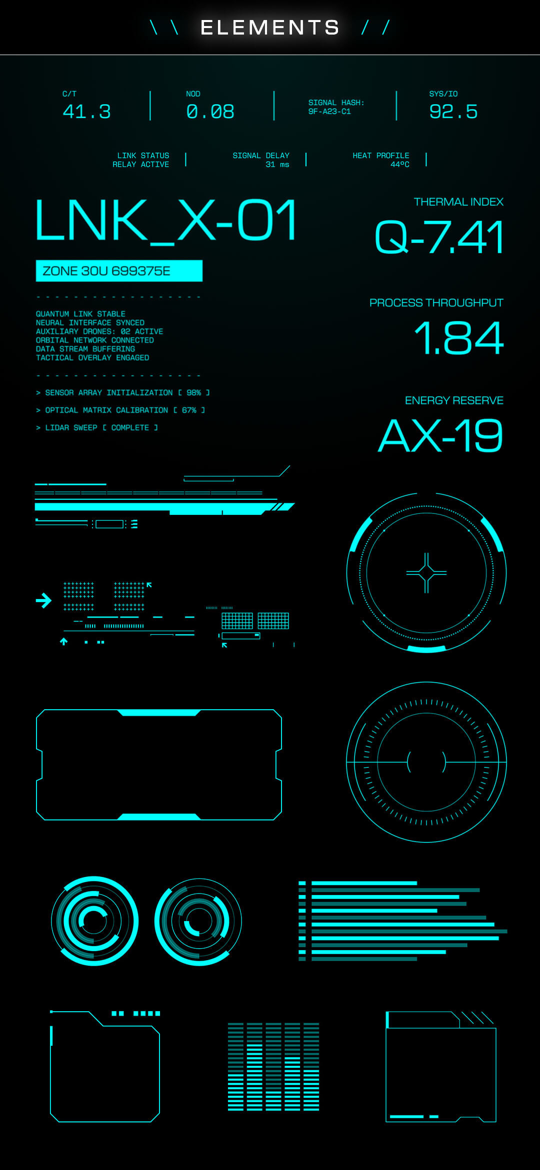 Selection of HUD overlay elements including interface graphics, targets, frames and text lockups from the Free HUD Overlay Pack