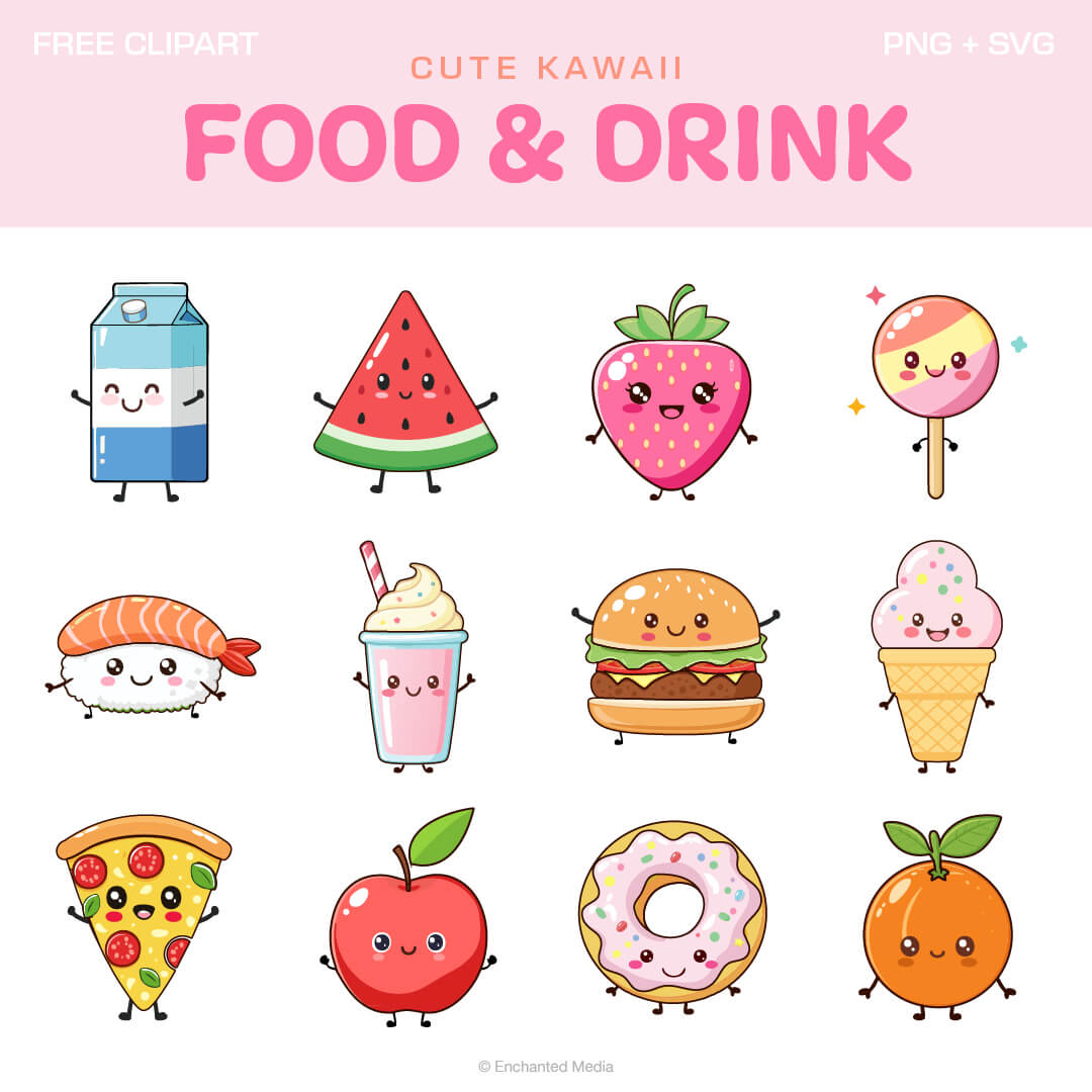Grid preview of 12 cute kawaii food and drink SVGs and transparent PNG clipart files, including a donut, pizza, sushi, burger, milkshake, ice cream, drink carton, lolly, strawberry, watermelon, apple, and orange.