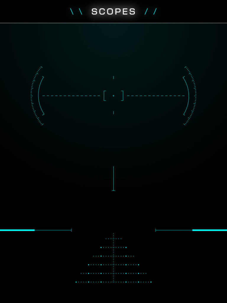 Selection of scope reticle and binocular overlay graphics displayed in light blue on a black background