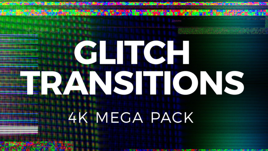 Mega 4K Glitch Pack preview featuring analogue, digital, tech, graphical, and text glitch effects for video editing and motion graphics.