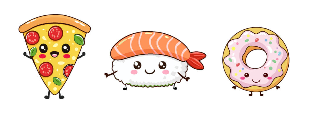 Clipart preview of three cute kawaii food vector graphics featuring a pink frosted donut with sprinkles, a smiling sushi roll, and a happy slice of pepperoni pizza as SVG and transparent PNG files.