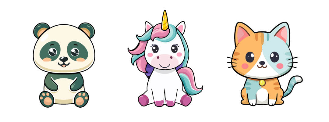 Clipart preview of three cute kawaii animal vector graphics featuring a smiling unicorn with a rainbow mane, a happy kitten, and an adorable sleeping panda bear as SVG and transparent PNG files.