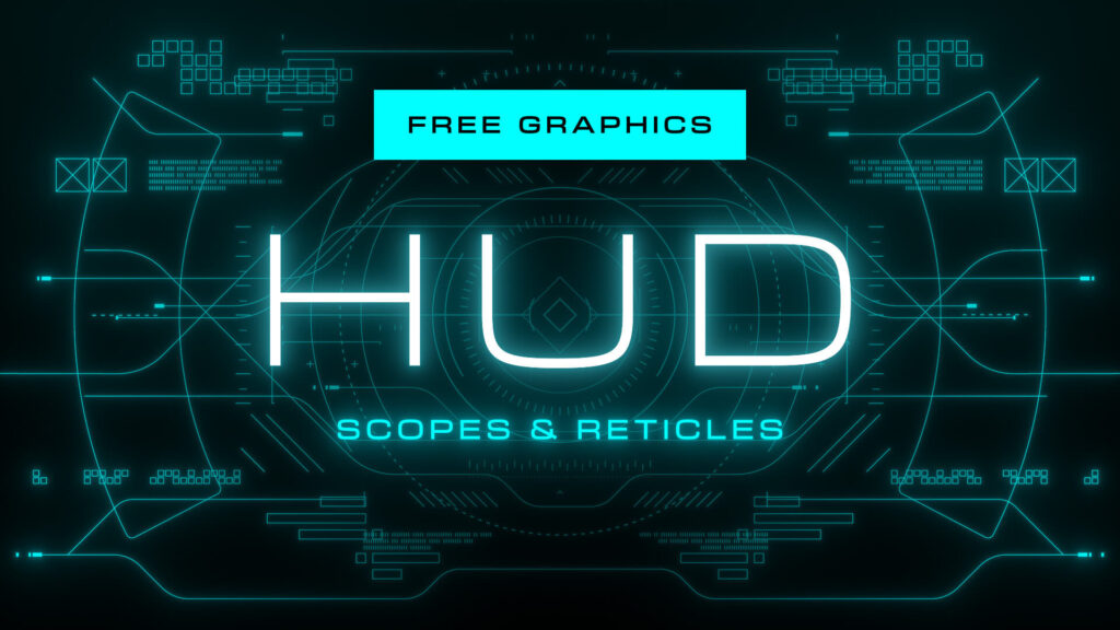 Preview of the Free HUD Scope and Reticle Overlay Pack showing reticles, navigation displays, visor frames and HUD graphics on a dark background