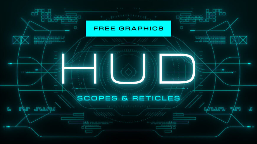 Preview of the Free HUD Scope and Reticle Overlay Pack showing reticles, navigation displays, visor frames and HUD graphics on a dark background