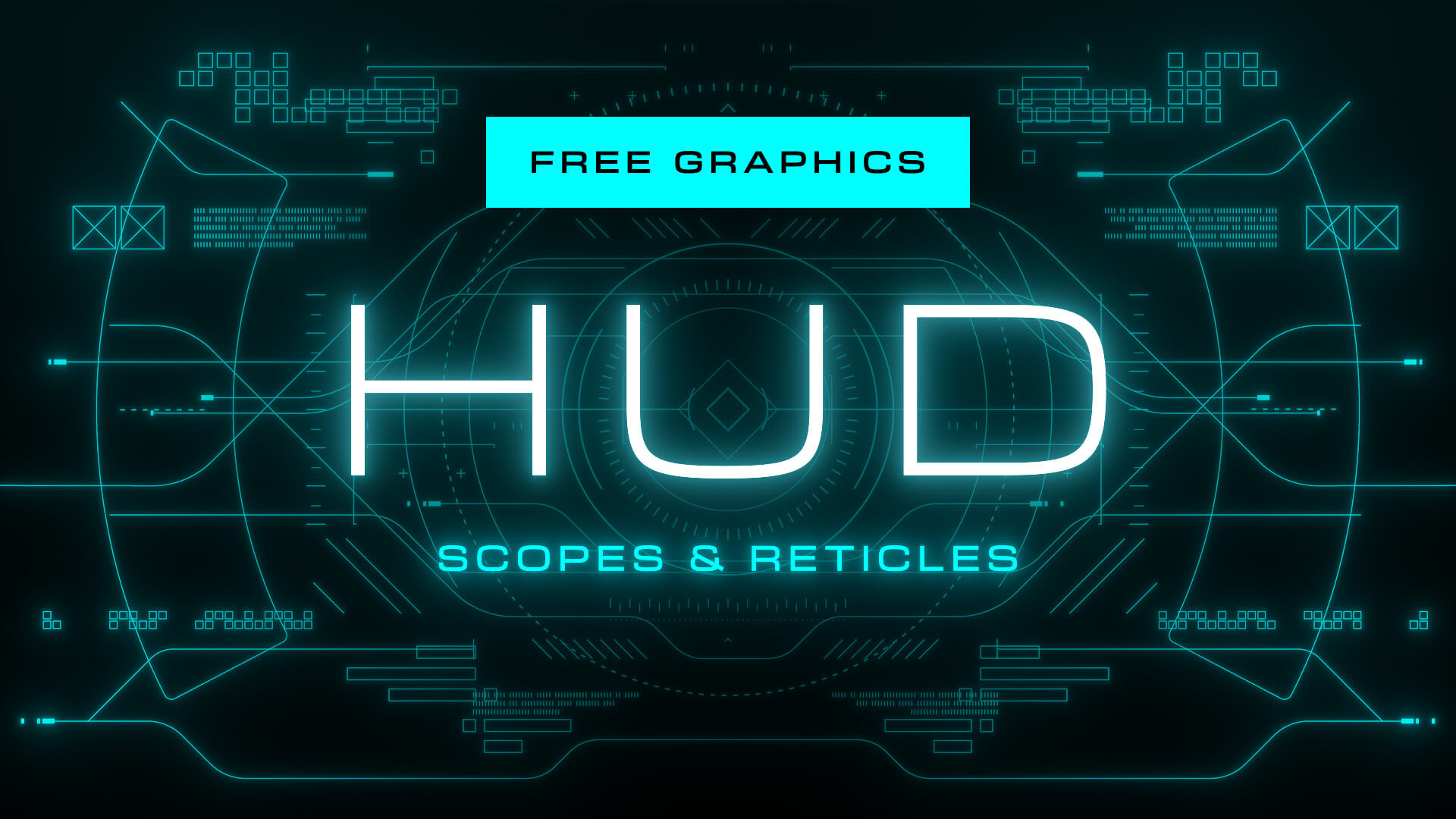 Preview of the Free HUD Scope and Reticle Overlay Pack showing reticles, navigation displays, visor frames and HUD graphics on a dark background