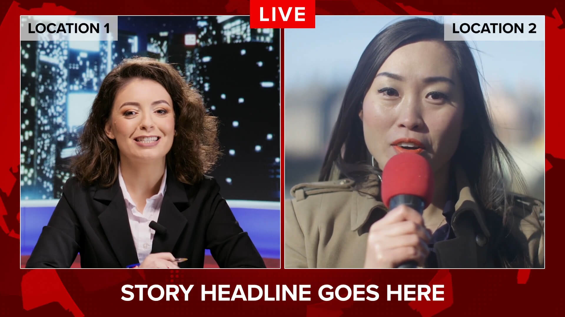 Global news live feed frame template with headline area, video feed boxes and animated world map